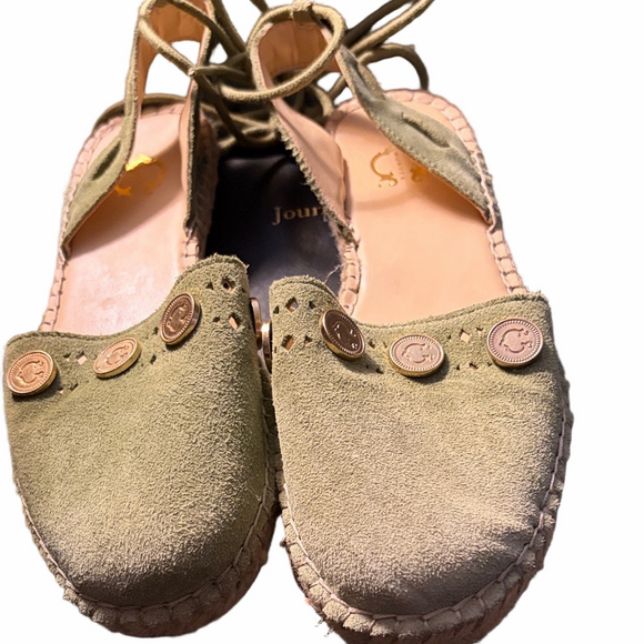 michaela wonder Shoes - Michaela  C. Wonder sage suede espadrille close toe with gold coin details 7.5 M